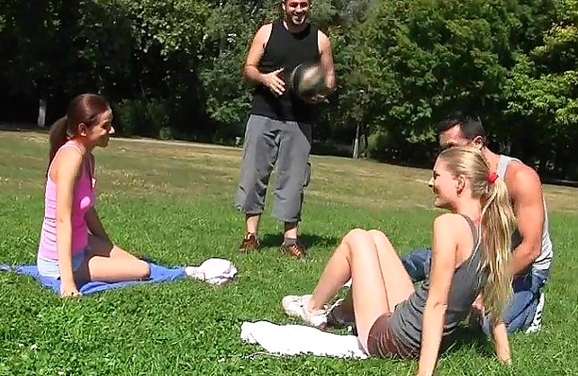 Naked girls get a massage from studs after exercise and have fun