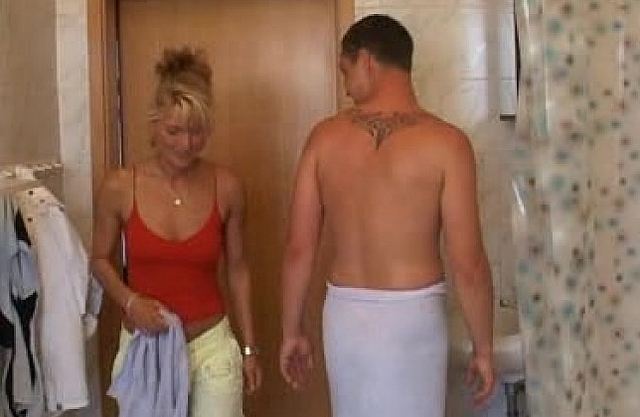 Man fucks a tattooed blonde hardcore in the bathroom and on the bed