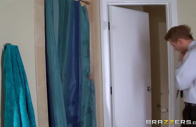 Stepson walks in on his mother in the shower and offers her a pussy pounding