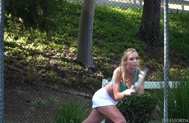 After sports, blonde slut goes in the shower and masturbates until she cums