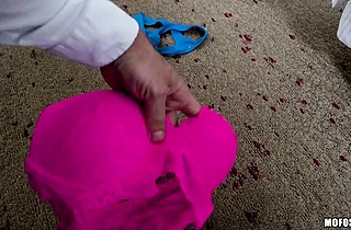 Girl plays with the shower cap in scenes of soft masturbation while home alone