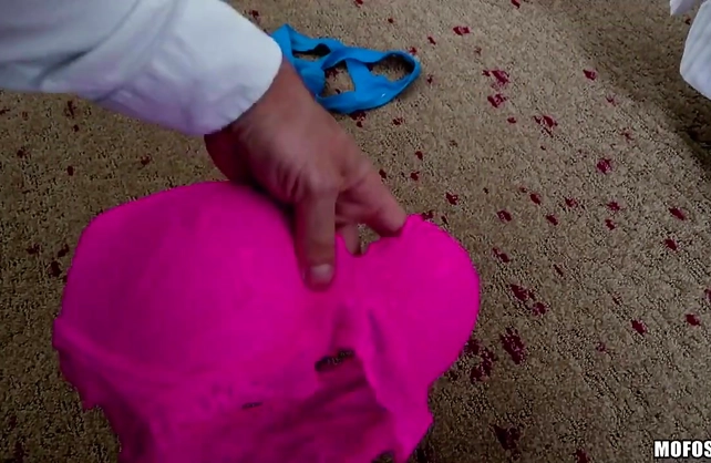 Girl plays with the shower cap in scenes of soft masturbation while home alone