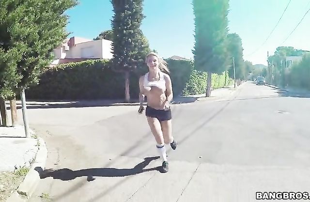 Jogger is convinced to flash her huge  tits and tease her nice body