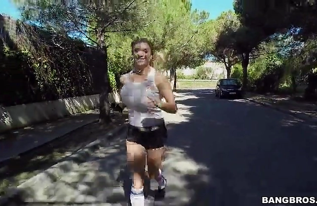 Jogger is convinced to flash her huge  tits and tease her nice body