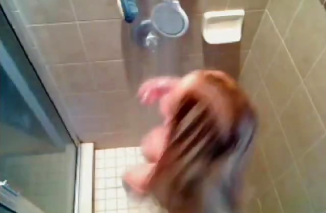 Horny voyeur loves seeing this naked babe bathing and rubbing her tits