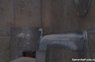 Kinky lesbian girl soaps her pussy in the shower and gets it eaten by a girl